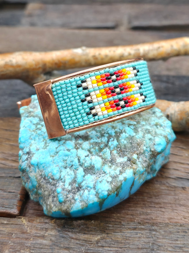 Turquoise Orange and Black Rug Design Beadwork Cuff on Copper by Jimmy Begay - 8 in. with Gap