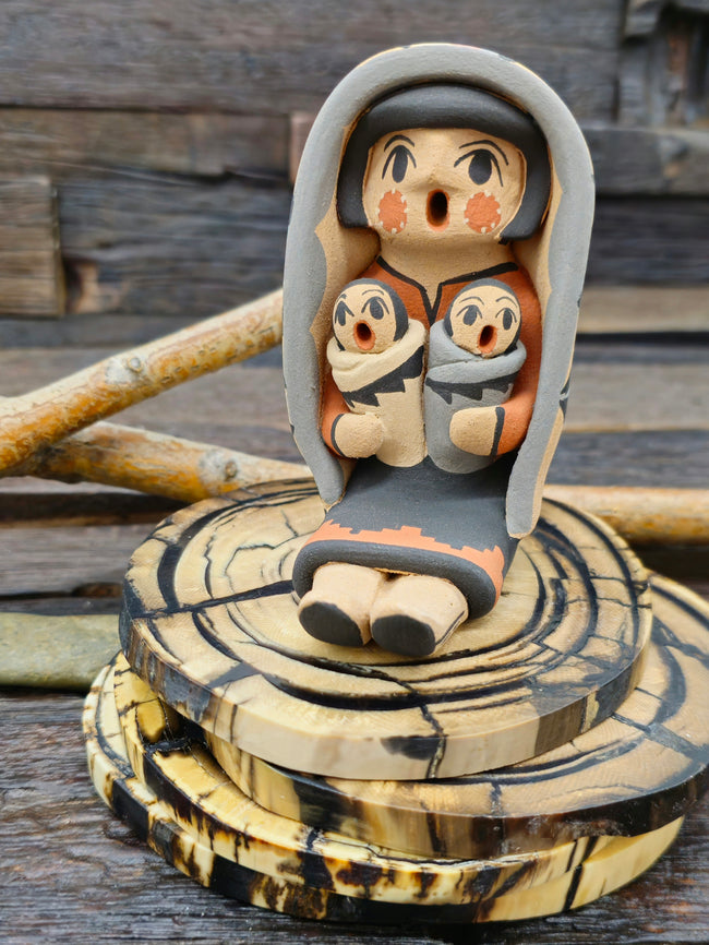 Jemez Storyteller Figurine with Two Infants by Chrislyn Fragua - 4" by 3" by 1 1/2"
