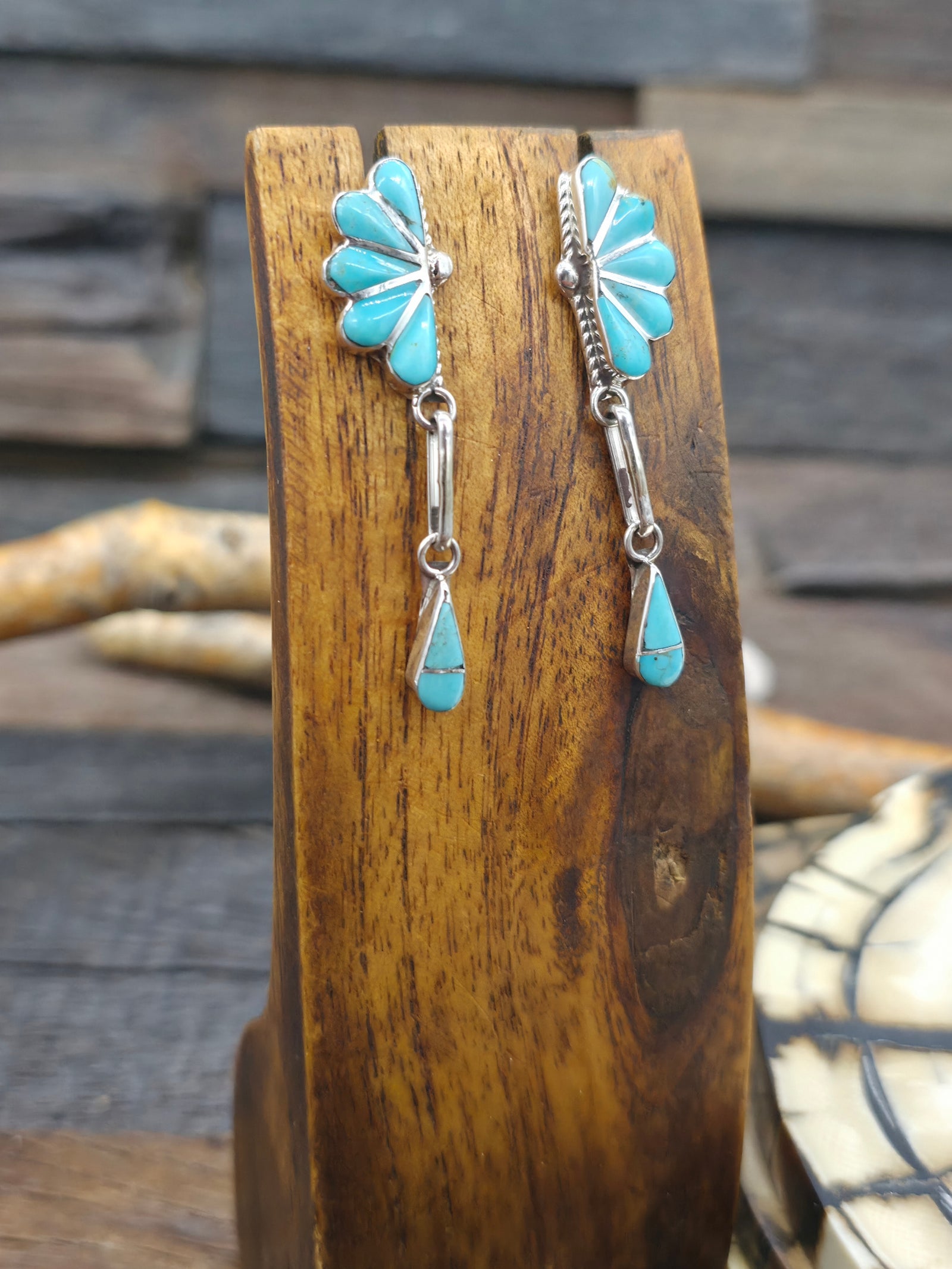 Sterling Silver Turquoise Inlay Earrings by Valdia Natacio - 2 in. by 1/2 in.