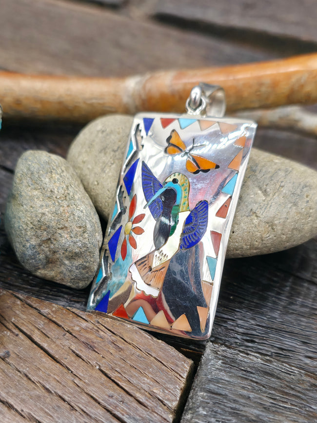 High Shine Sterling Silver Zuni Inlay Hummingbird Pendant by Quintin Quam - 3 in. by 1 1/4 in.