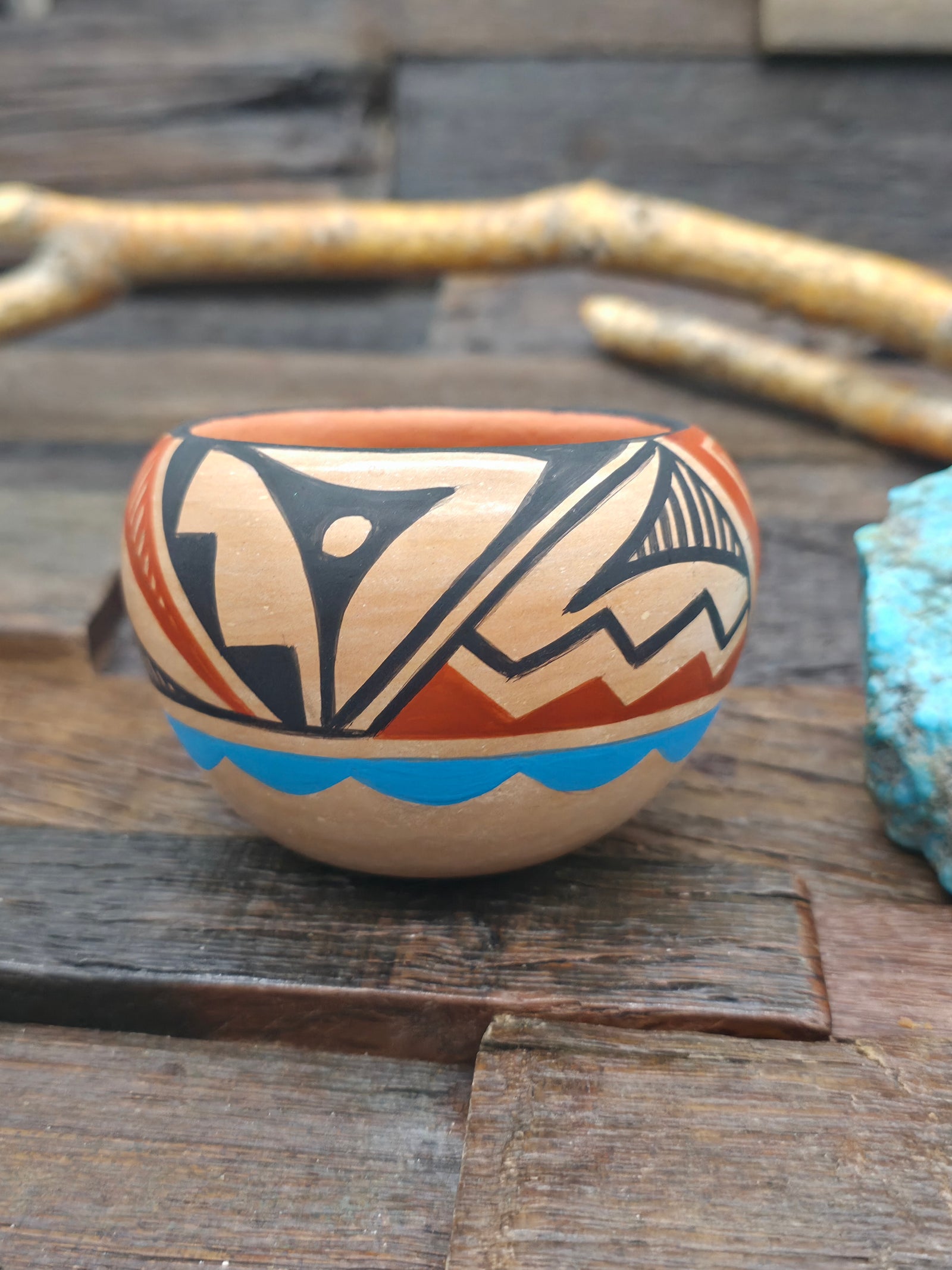 Handmade Painted Jemez Pot by Michelle Mora - Black, Blue and Red - 2 1/4 in. by 3 in. by 3 in.