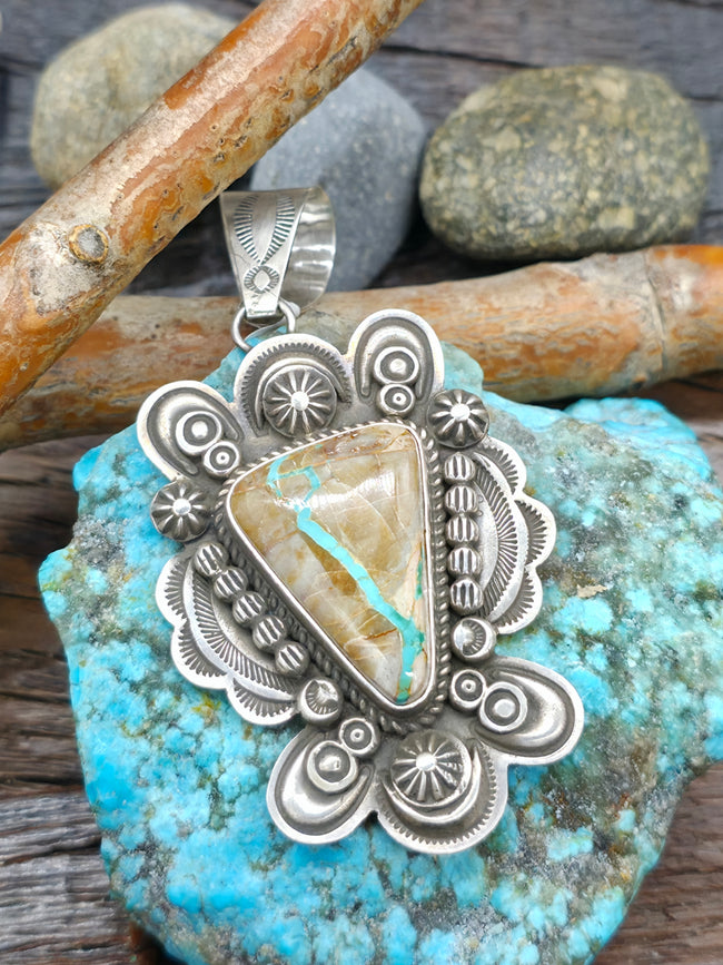 Stamped Sterling Silver Ribbon Turquoise Pendant by Dean Sandoval - 3 1/4 in. by 1 1/2 in.