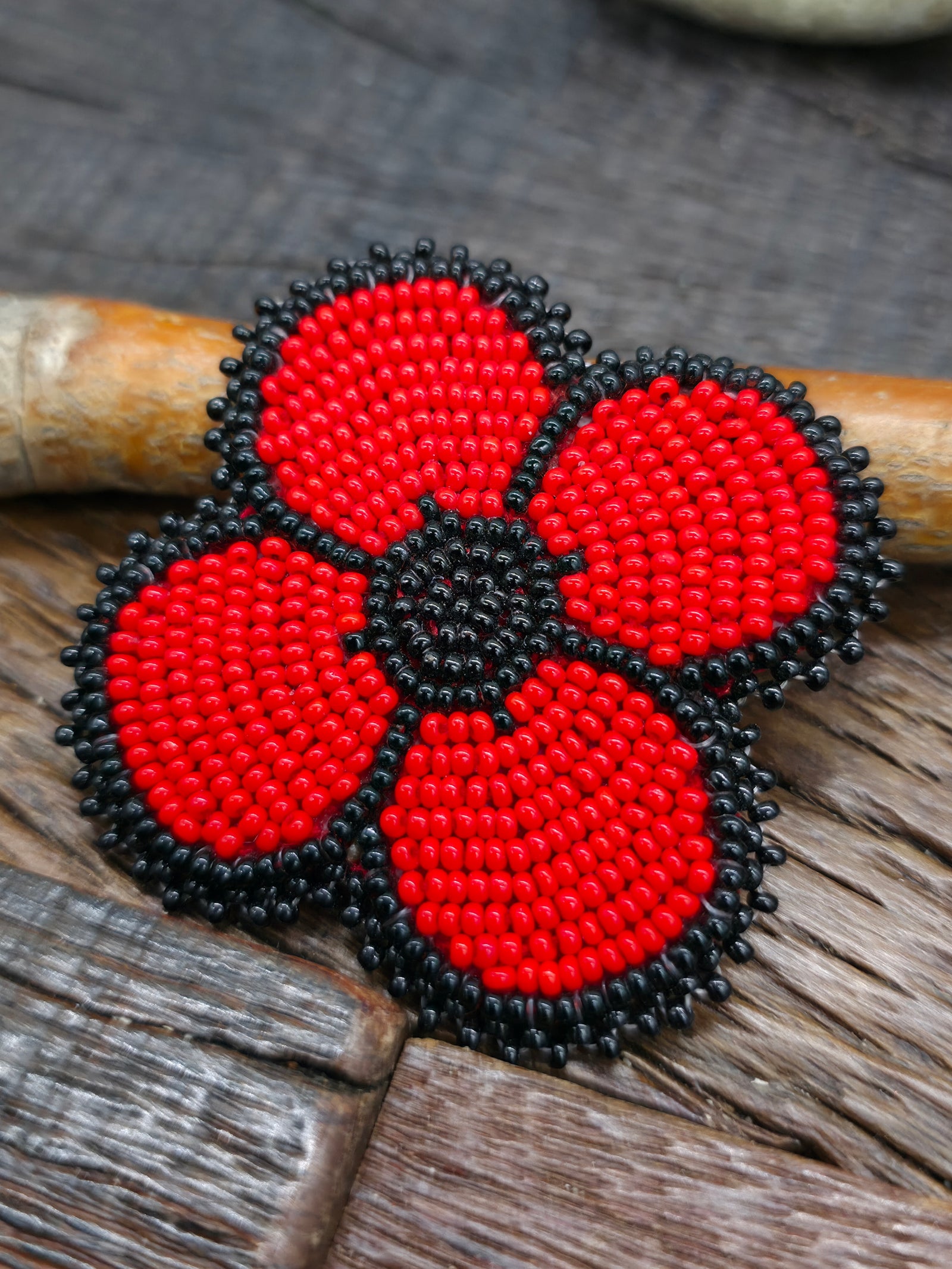 Red and Black Beaded Flower Pin by Lydia McDonald - 2 1/4 in. by 2 1/4 in.