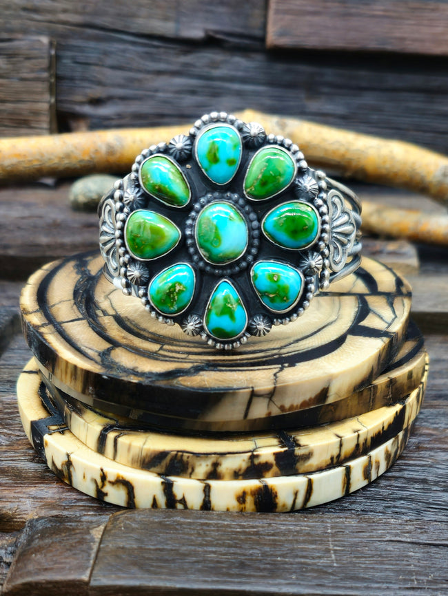 Sterling Silver and Sonoran Gold Turquoise Cluster Bracelet by Geraldine G. - 6 3/4 in