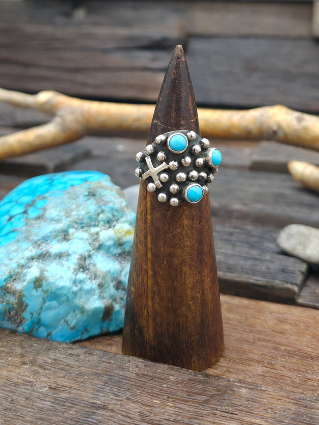 Sterling Silver Cross and Raindrop Turquoise Ring by Geneva Apachito - Size 9 1/2