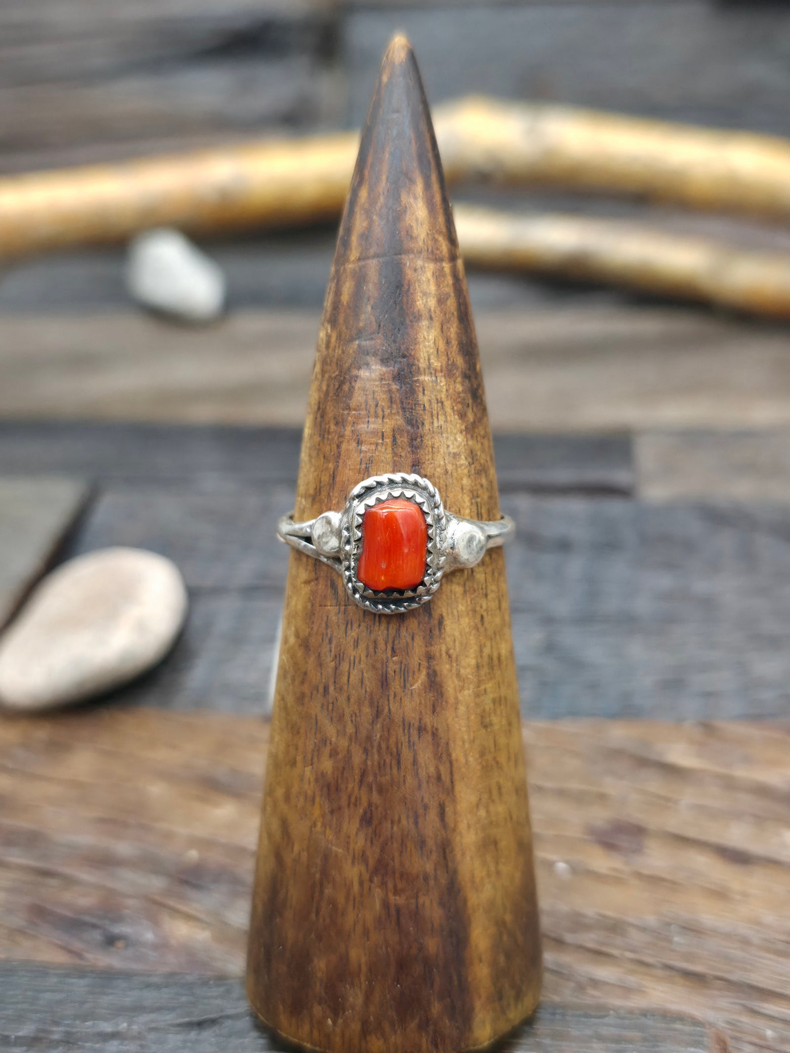 Sterling Silver Coral Nugget Ring by "S" - Size 12