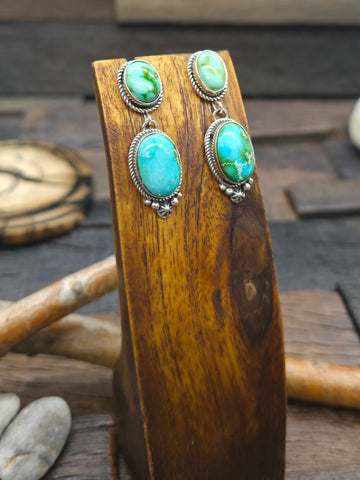 Three Stone Kingman Turquoise Stamped Sterling Silver Ring by Brenda Pete - Adjustable