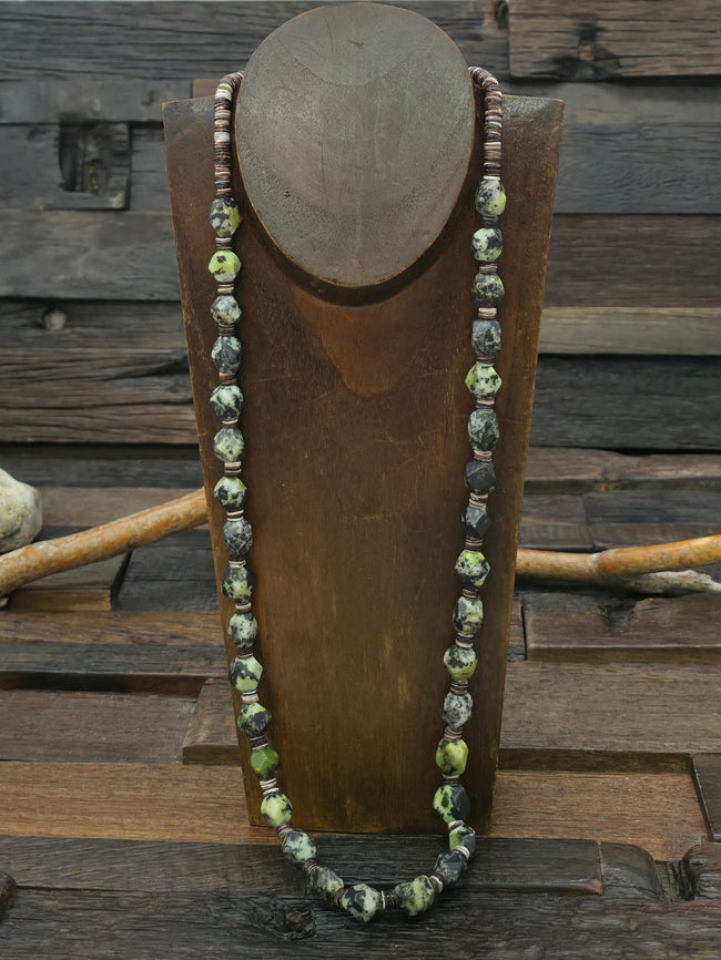 Faceted Serpentine and Heishi bead Necklace - 30 in.