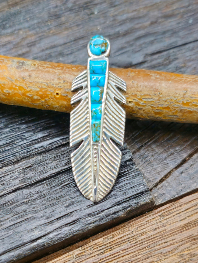 Blue Turquoise Cobblestone Inlay Sterling Silver Feather Pendant