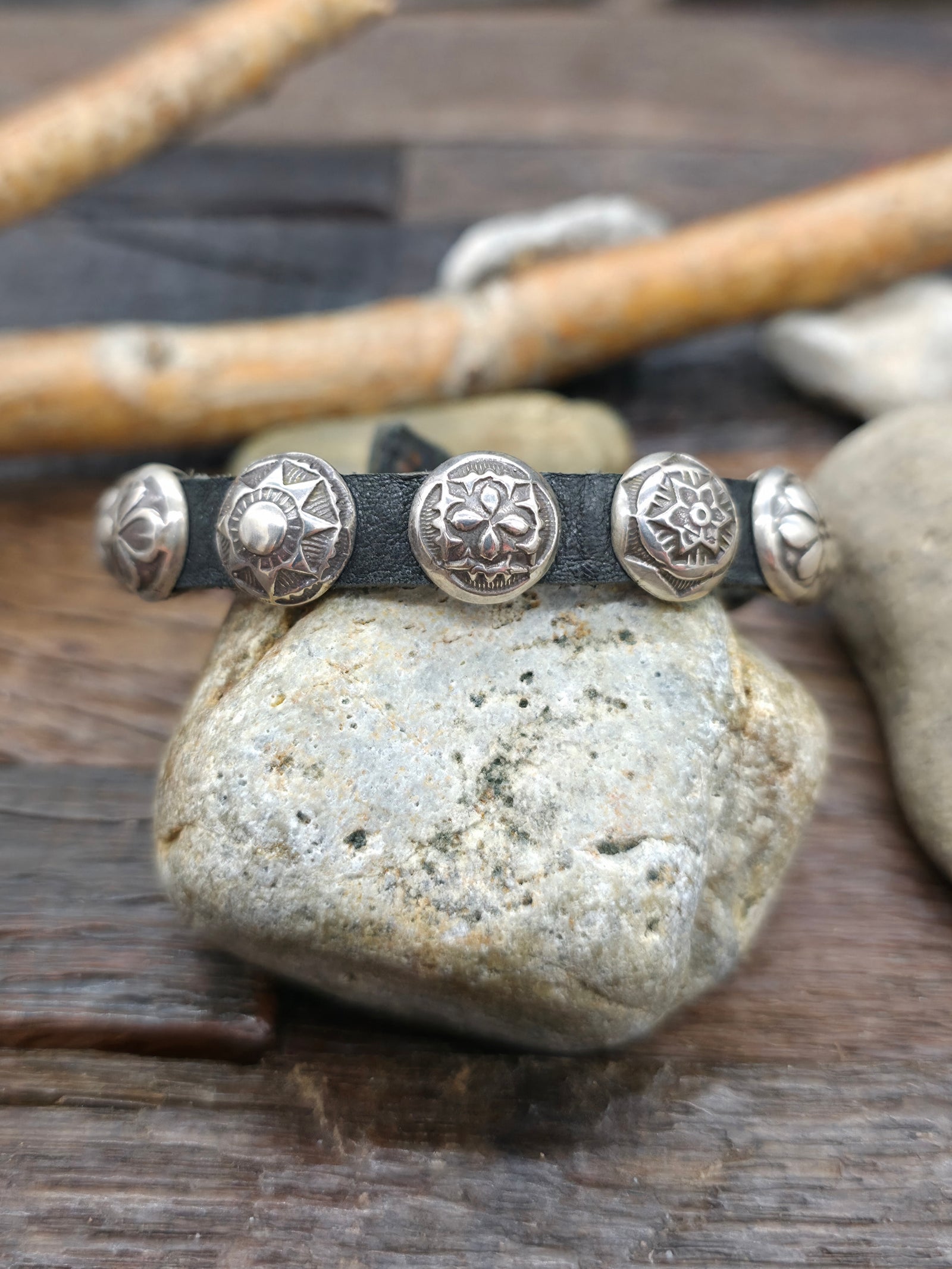 Black Leather Bracelet with Circular Sterling Silver Conchos by Rick Montaño - 8 in. - Designs Vary