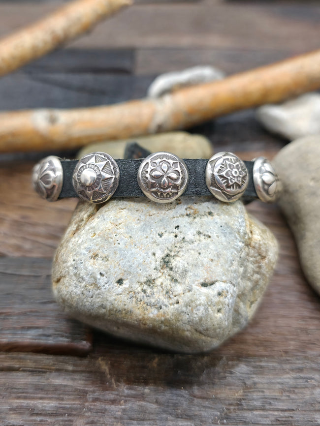 Black Leather Bracelet with Circular Sterling Silver Conchos by Rick Montaño - 8 in. - Designs Vary