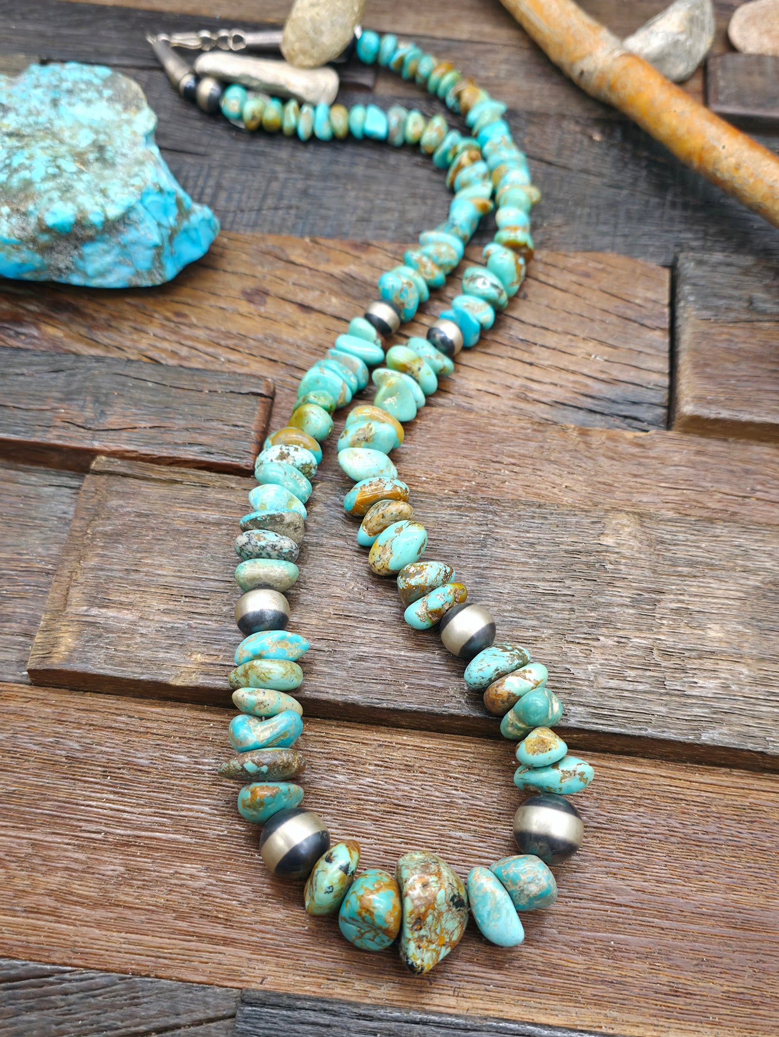 Stabilized Kingman Turquoise and Sterling Silver Bead Necklace by Fred Archuleta - 28 in.