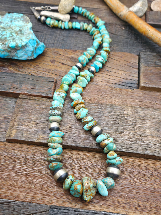 Stabilized Kingman Turquoise and Sterling Silver Bead Necklace by Fred Archuleta - 28 in.
