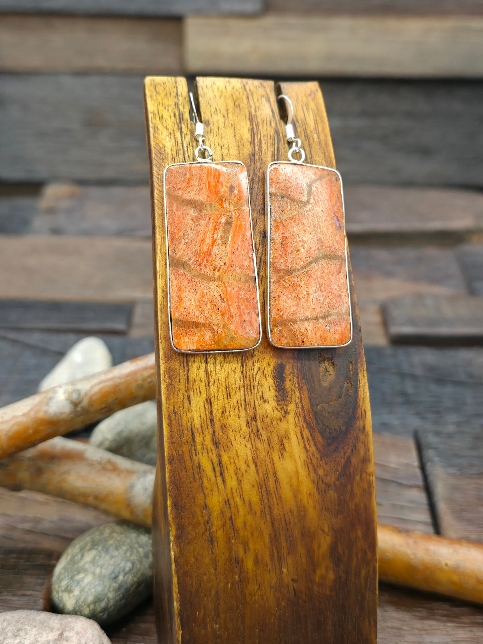 Sterling Silver Sponge Coral Slab Earrings by Veronica Tortalita - 2 1/2 in. by 3/4 in.