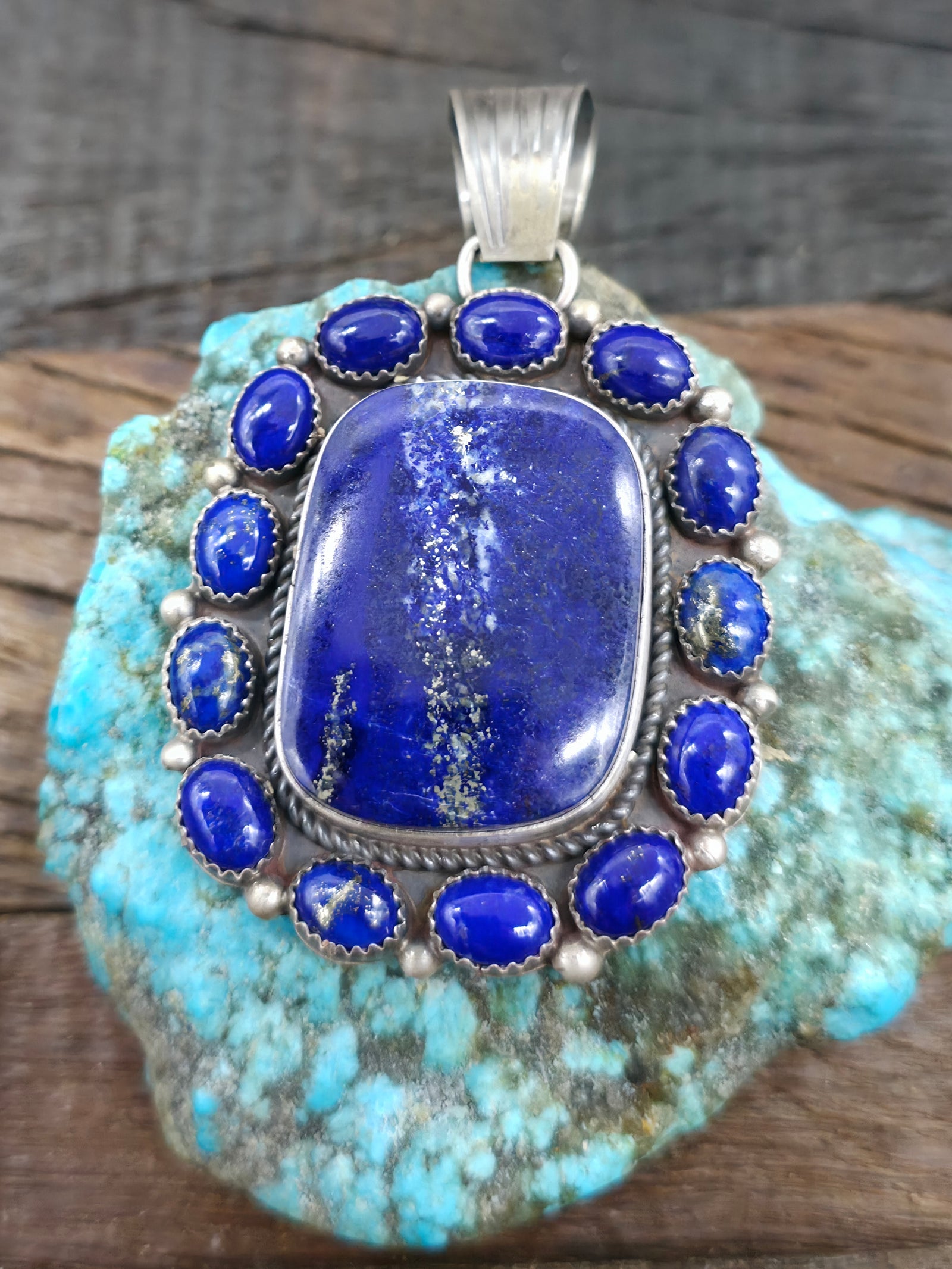 Sterling Silver Lapis Lazuli Cluster Pendant by LaRose Ganadanegro - 2 3/4 in. by 1 3/4 in.