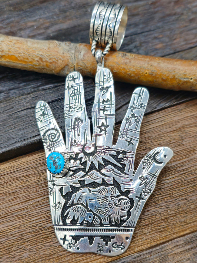 Large Sterling Silver and Turquoise Hand Pendant by Richard Singer