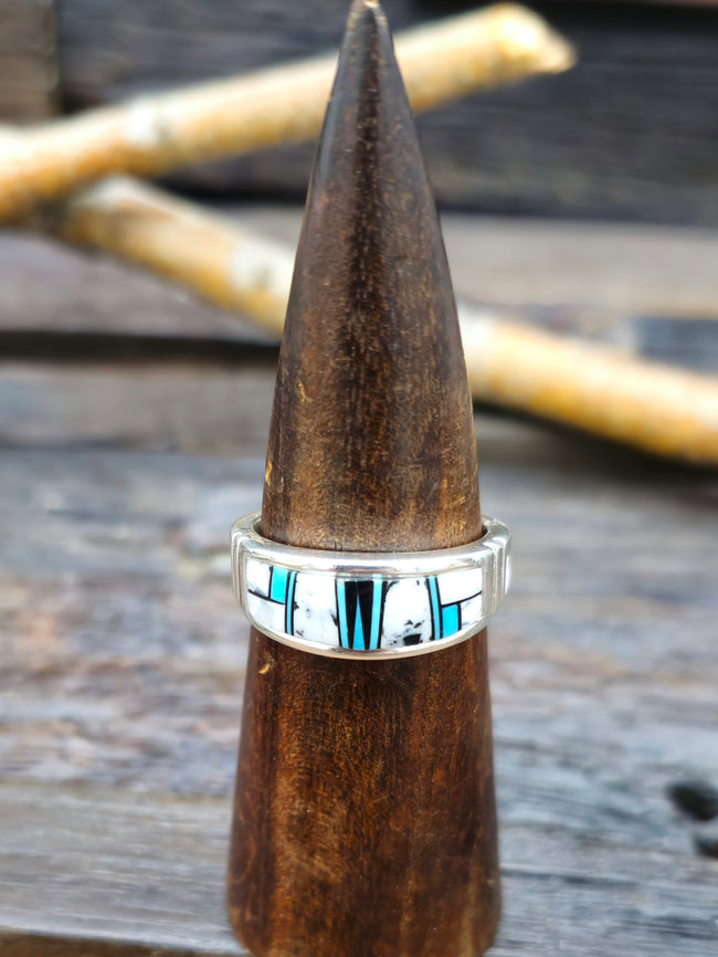 White Buffalo, Onyx, and Turquoise Inlay Sterling Silver Ring - Size 13 1/2