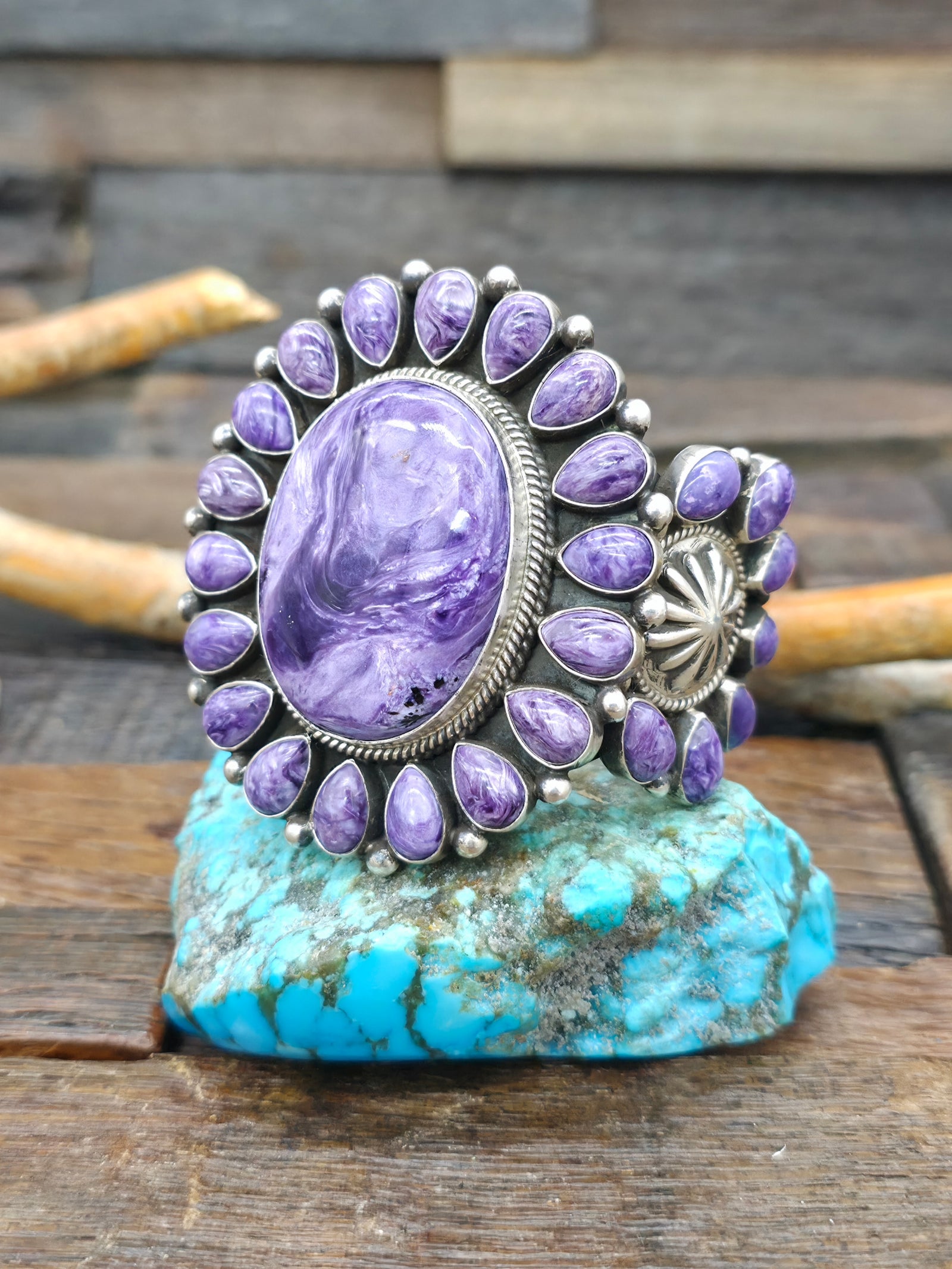 Heavyweight Sterling Silver Charoite Cluster Bracelet by Tyler Brown - 6 1/4 in. with Gap