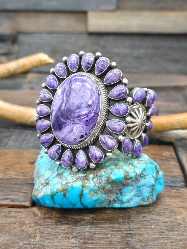 Heavyweight Sterling Silver Charoite Cluster Bracelet by Tyler Brown - 6 1/4 in. with Gap