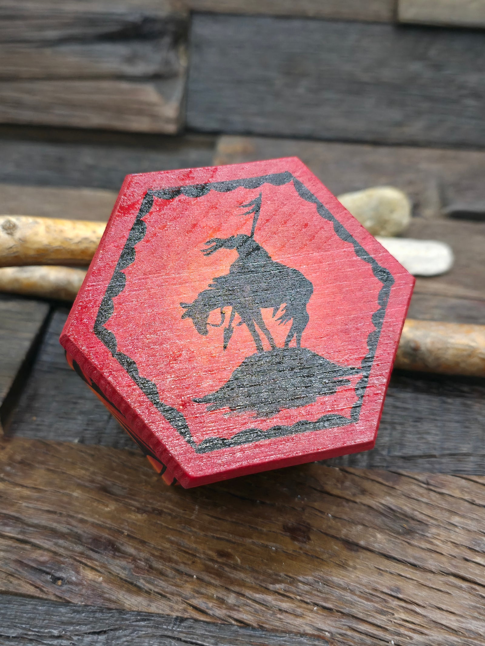 Handpainted Wooden Trinket Box by Andy Tsosie - End of the Trail - 3 in. by 3 in. by 2 in.