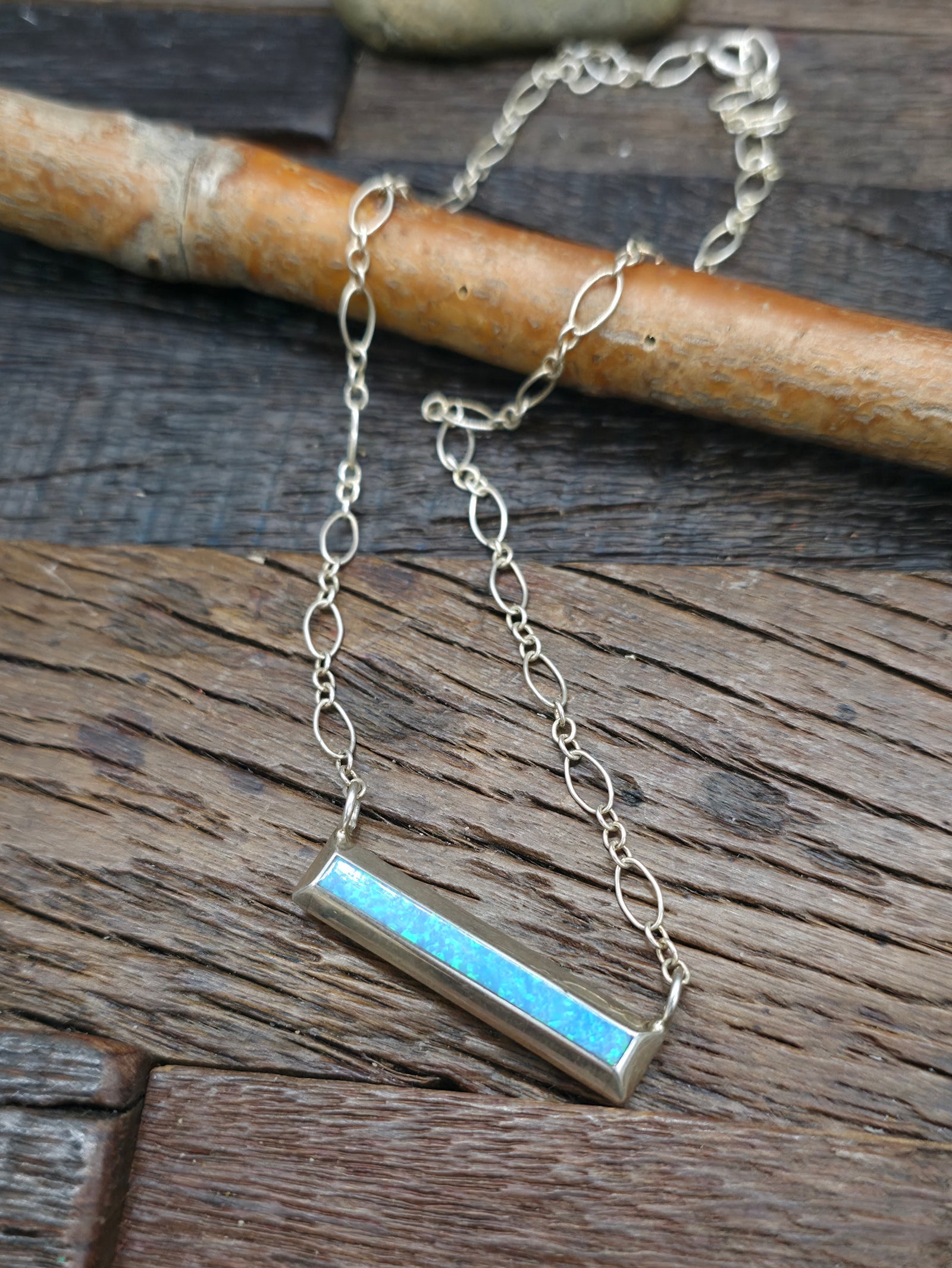 Sterling Blue Lab Opal Bar Necklace on 18 in. Chain by J. Natachu - 18 in.