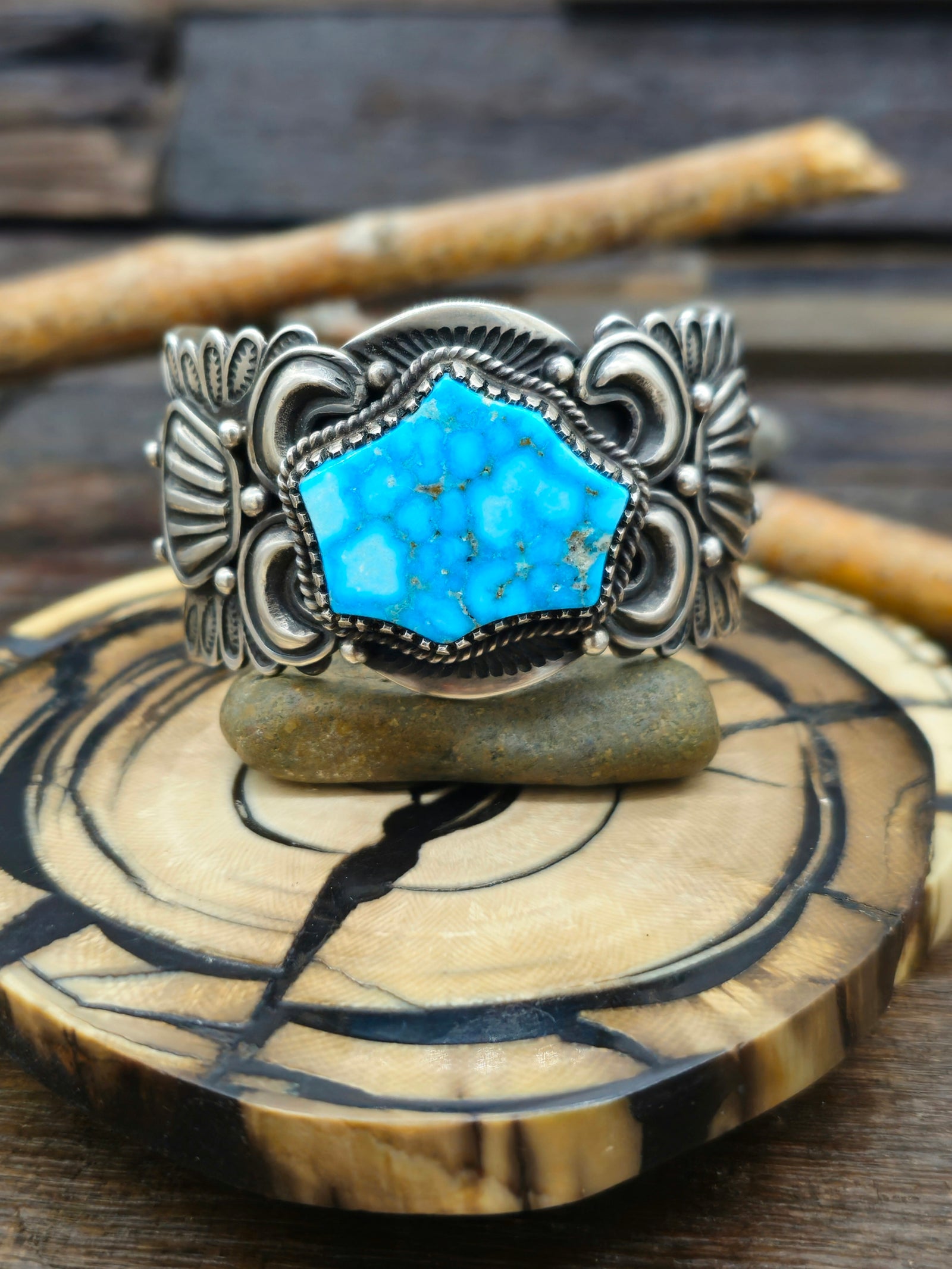 Stamped Sterling Silver and Turquoise Cuff -   6 1/4 in.