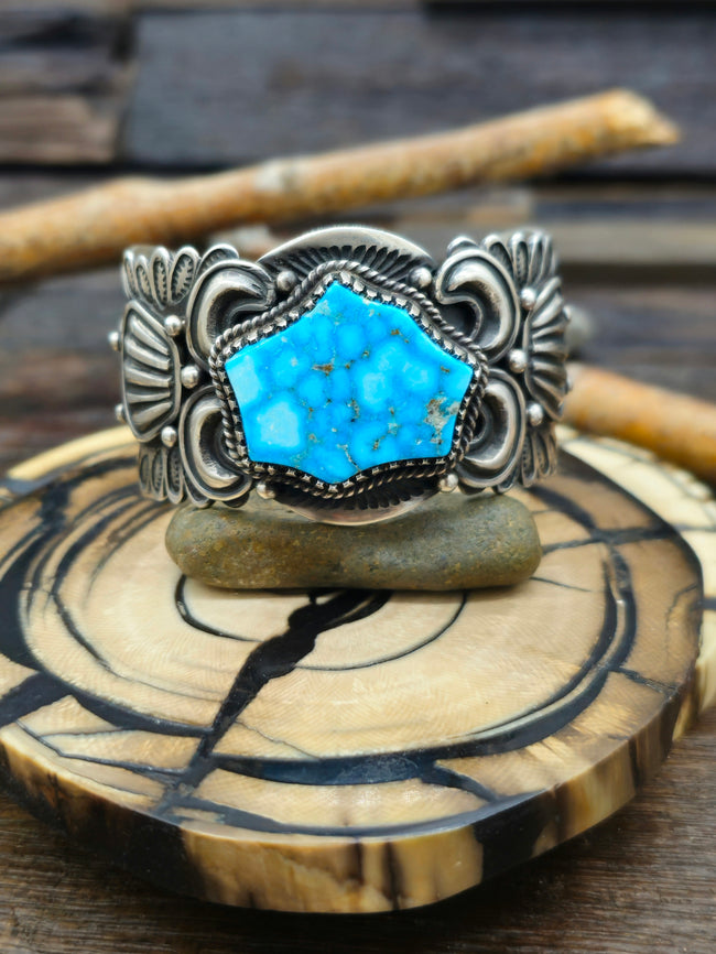 Stamped Sterling Silver and Turquoise Cuff -   6 1/4 in.