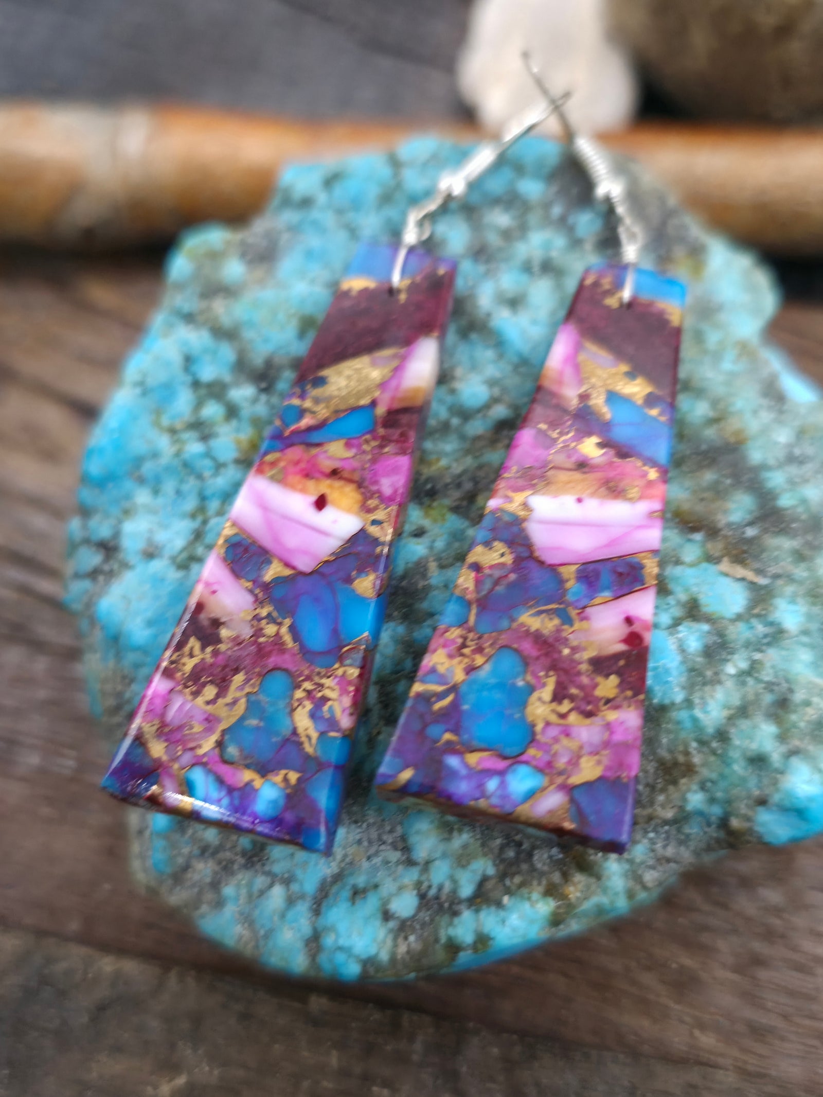 Purple Mojave, Spiny, and Turquoise Composite Slab Earrings by Jameson Pete - 2 3/4 in. by 1/2 in.