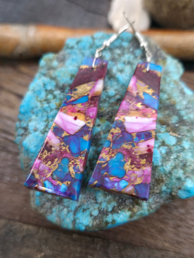 Purple Mojave, Spiny, and Turquoise Composite Slab Earrings by Jameson Pete - 2 3/4 in. by 1/2 in.