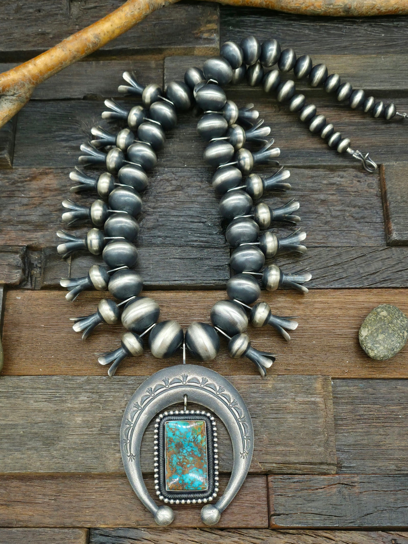 Sterling Silver Royston Turquoise Squash Blossom Necklace by Ernest Begay - 28 in.
