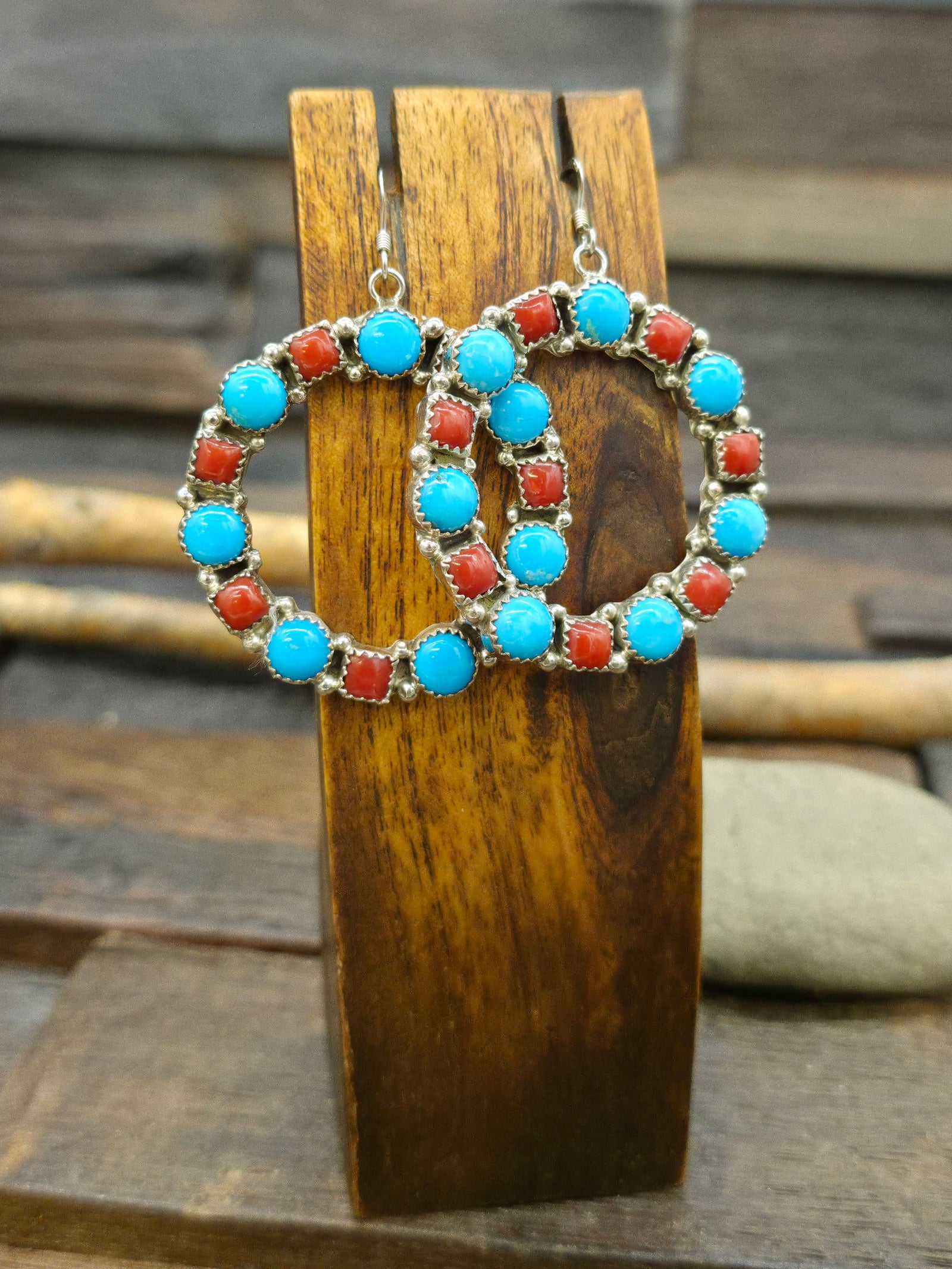 Sterling Silver Turquoise and Coral Hanging Hoop Earrings by "S" - 2 1/2 in.  by 1 1/2 in