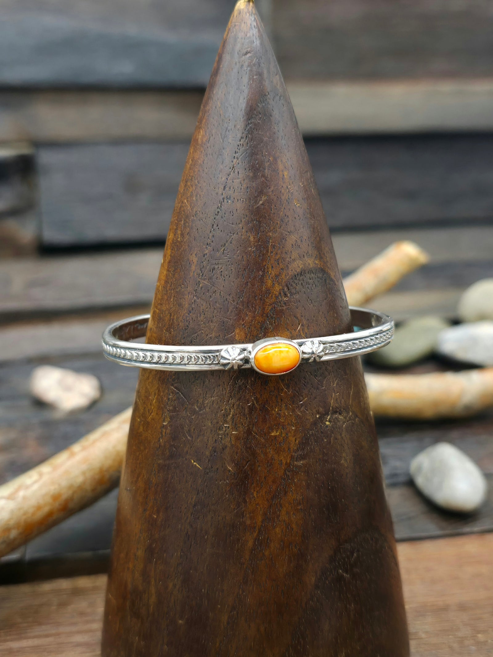 Single Stone Orange Spiny Oyster Sterling Silver Cuff by June Delgarito - 6 1/2