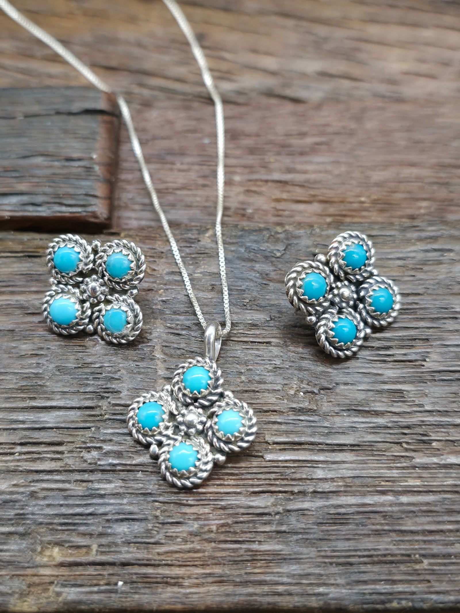 Sterling Silver and Blue Turquoise Zuni Necklace and Earring Set by Dillion Cheama - 18 in.