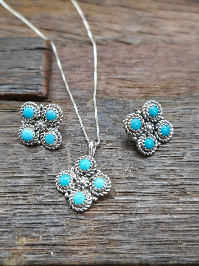 Sterling Silver and Blue Turquoise Zuni Necklace and Earring Set by Dillion Cheama - 18 in.