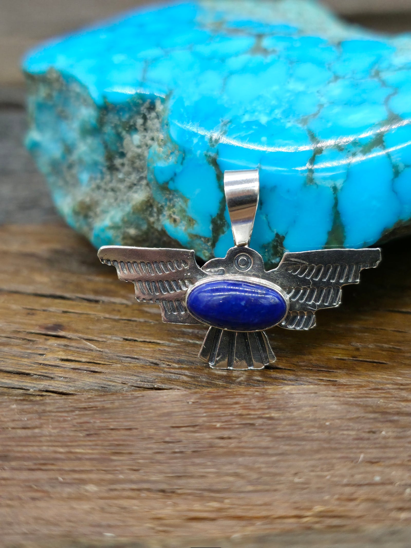 Sterling Silver Lapis Thunderbird Pendant by Lucille Platero - 1 in. by 1 1/2 in.