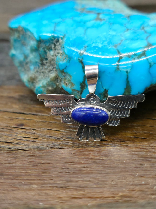 Sterling Silver Lapis Thunderbird Pendant by Lucille Platero - 1 in. by 1 1/2 in.