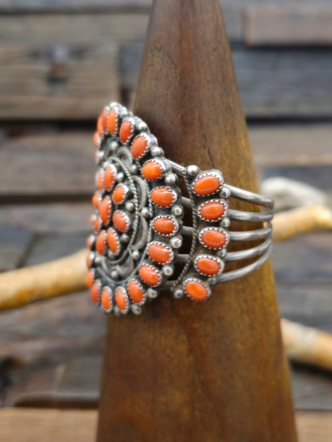 Vintage/Estate Sterling Silver Coral Cluster Cuff - 5 3/4 in