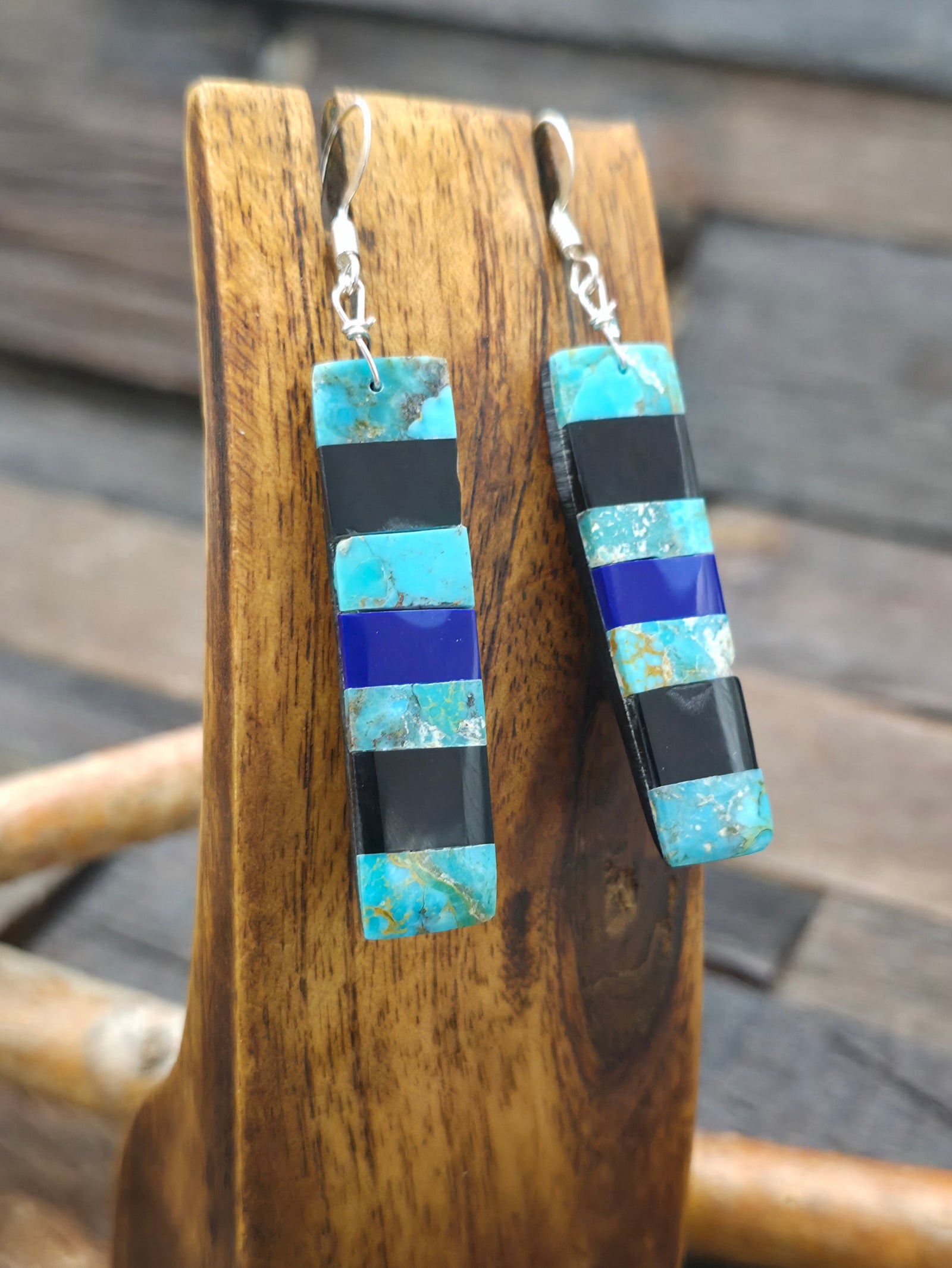 Sterling Silver Turquoise Lapis and Jet Mosaic Inlay Earrings by Veronica Tortalita - 2 1/2 in. by 1/2 in.