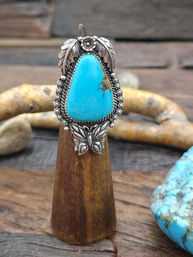 Sterling Silver Flower and Butterfly Applique and Turquoise Ring by B. Jimenez - Adjustable