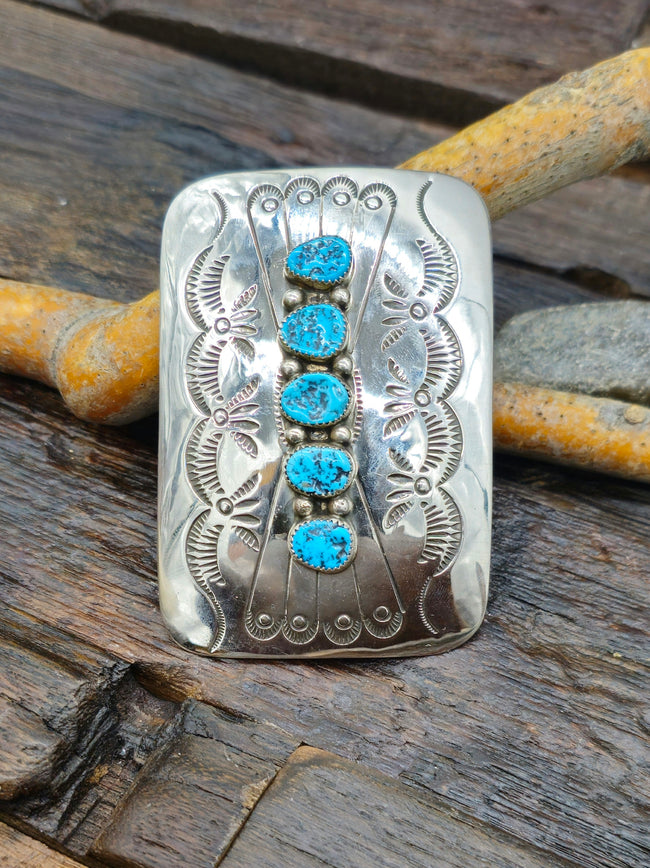 Stamped Sterling Silver and Turquoise Belt Buckle by Jolene Begay - 3" by 2"