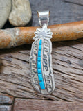 Sterling Silver Turquoise Cobblestone Inlay Feather Pendant with Removable Bail and Shepherd's Hook by Rick Tolino - 2 1/2 in. by 3/4 in.