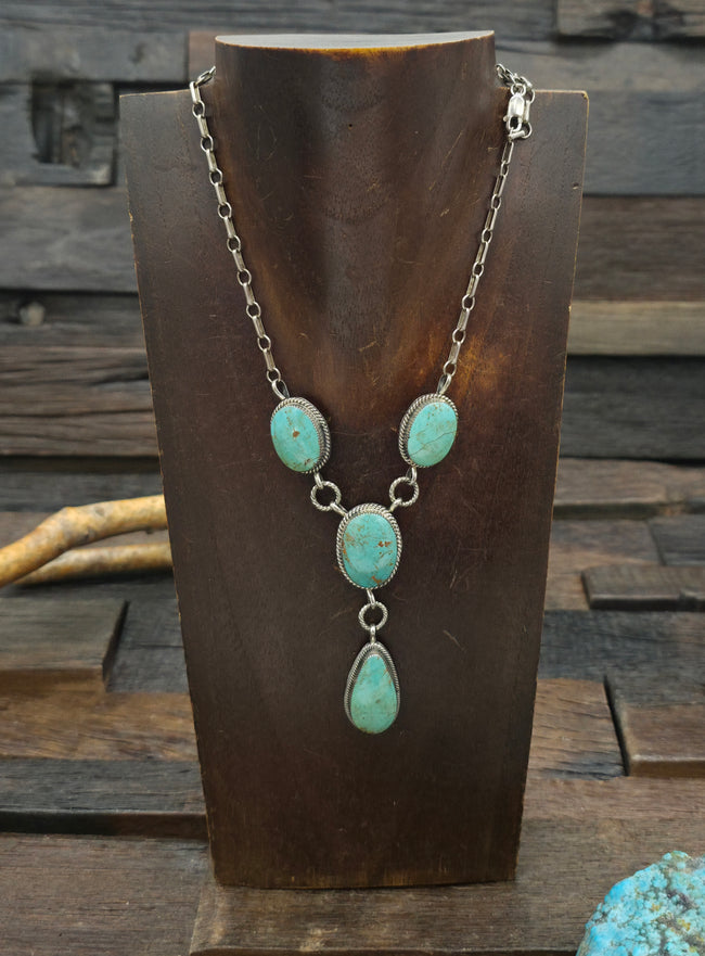 Vintage/Estate Sterling Silver Turquoise Running Bear Lariat Necklace - 20 in. with 2 1/2 in. Drop