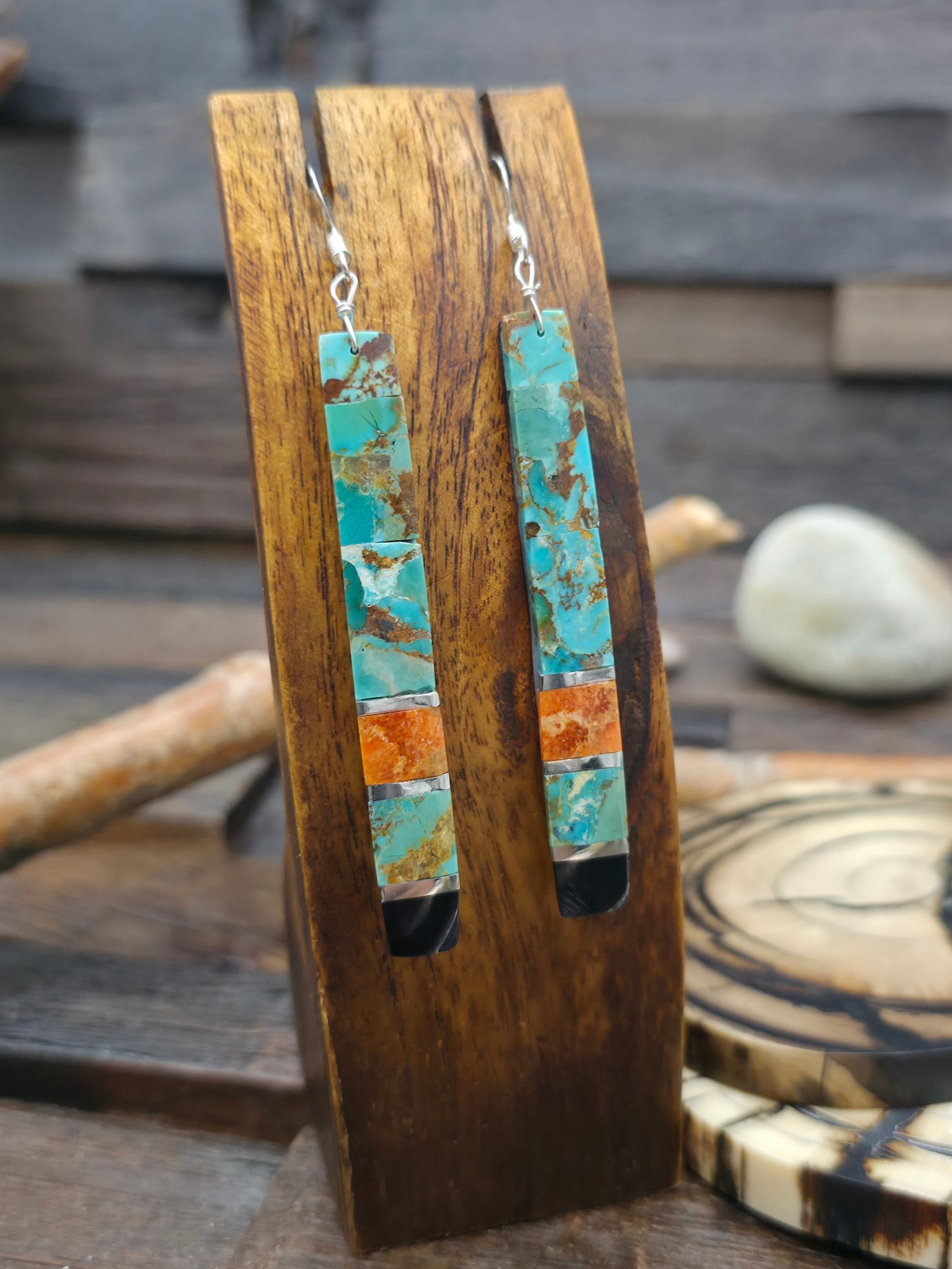 Sterling Silver Turquoise Sponge Coral and Jet Mosaic Inlay Earrings by Veronica Tortalita - 3 1/2 in. by 3/8 in.