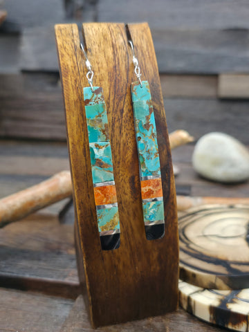 Sterling Silver Kingman Turquoise Cobblestone Inlay Earrings by "D" - 2 in. by 1/2 in.