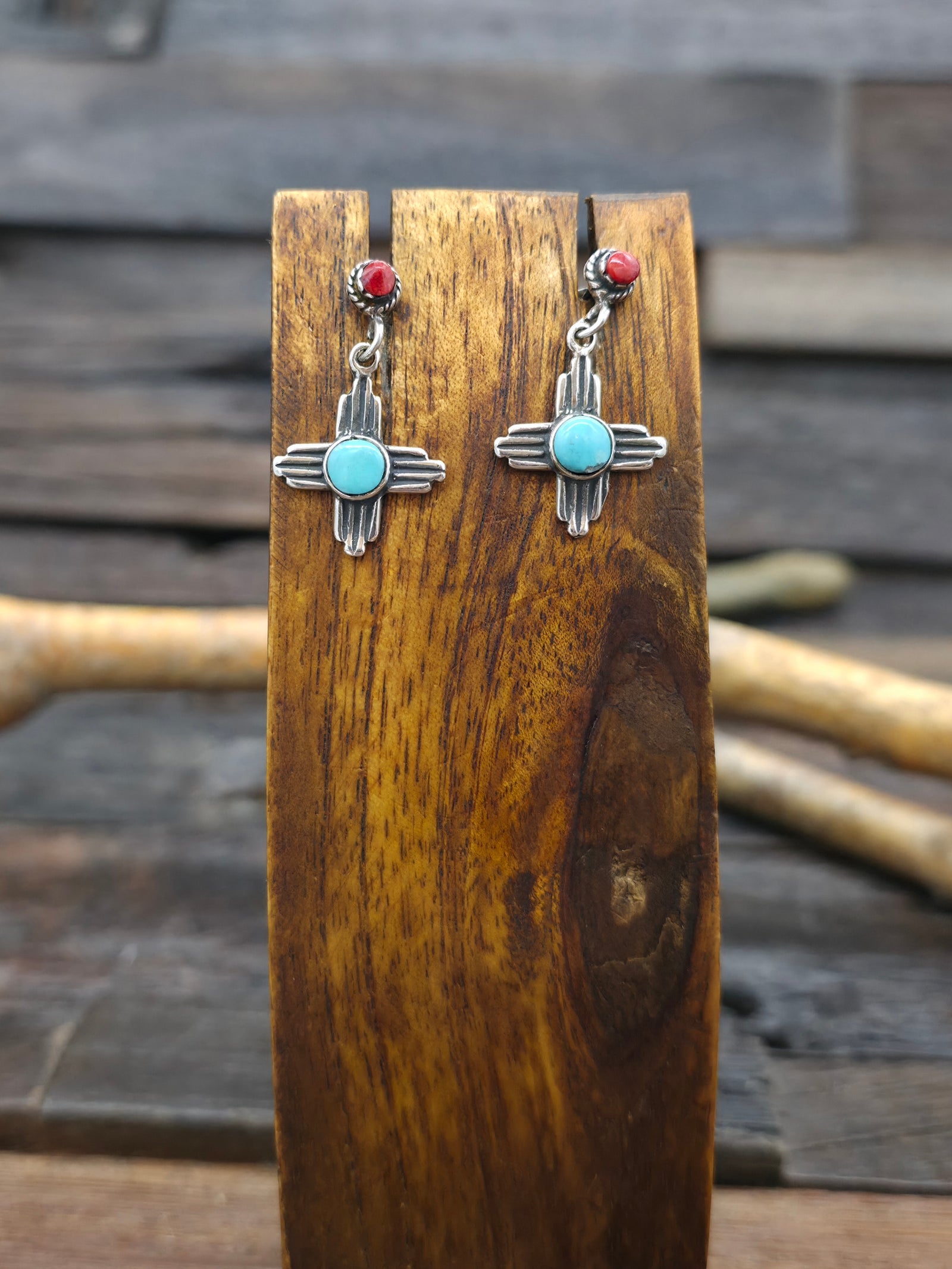 Sterling Silver Turquoise and Coral Zia Symbol Post Dangle Earrings NON NATIVE MADE