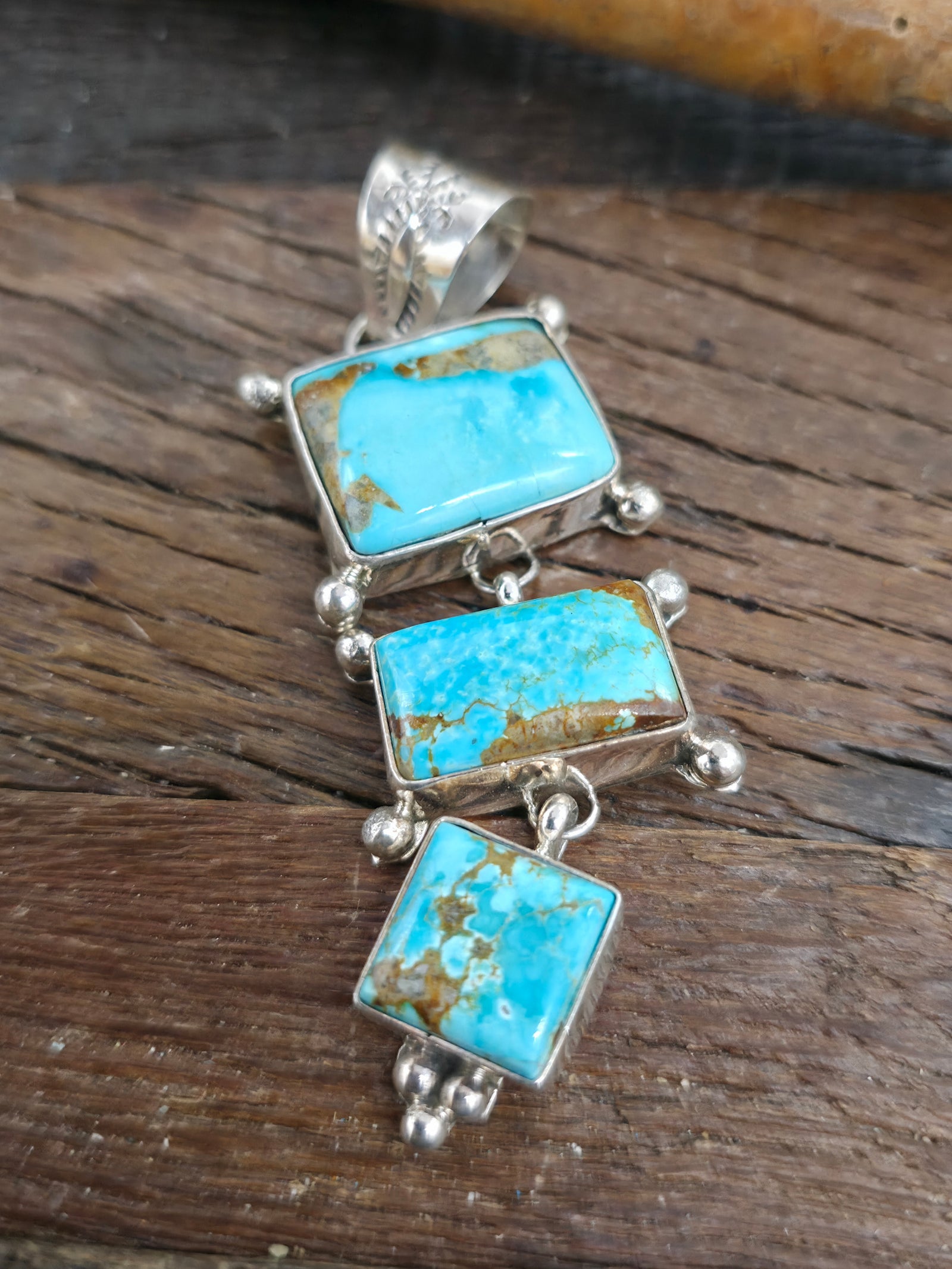 Three Stone Sterling Silver Turquoise Ladder Pendant by Rosella Paxson - 3 in. by 1 in.