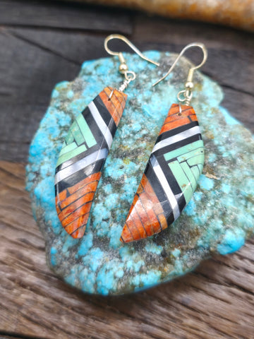 Sterling Silver, Graduated Melon Shell Heishi, and Turquoise Earrings by Rose Cate - 3 in. by 1/2 in.