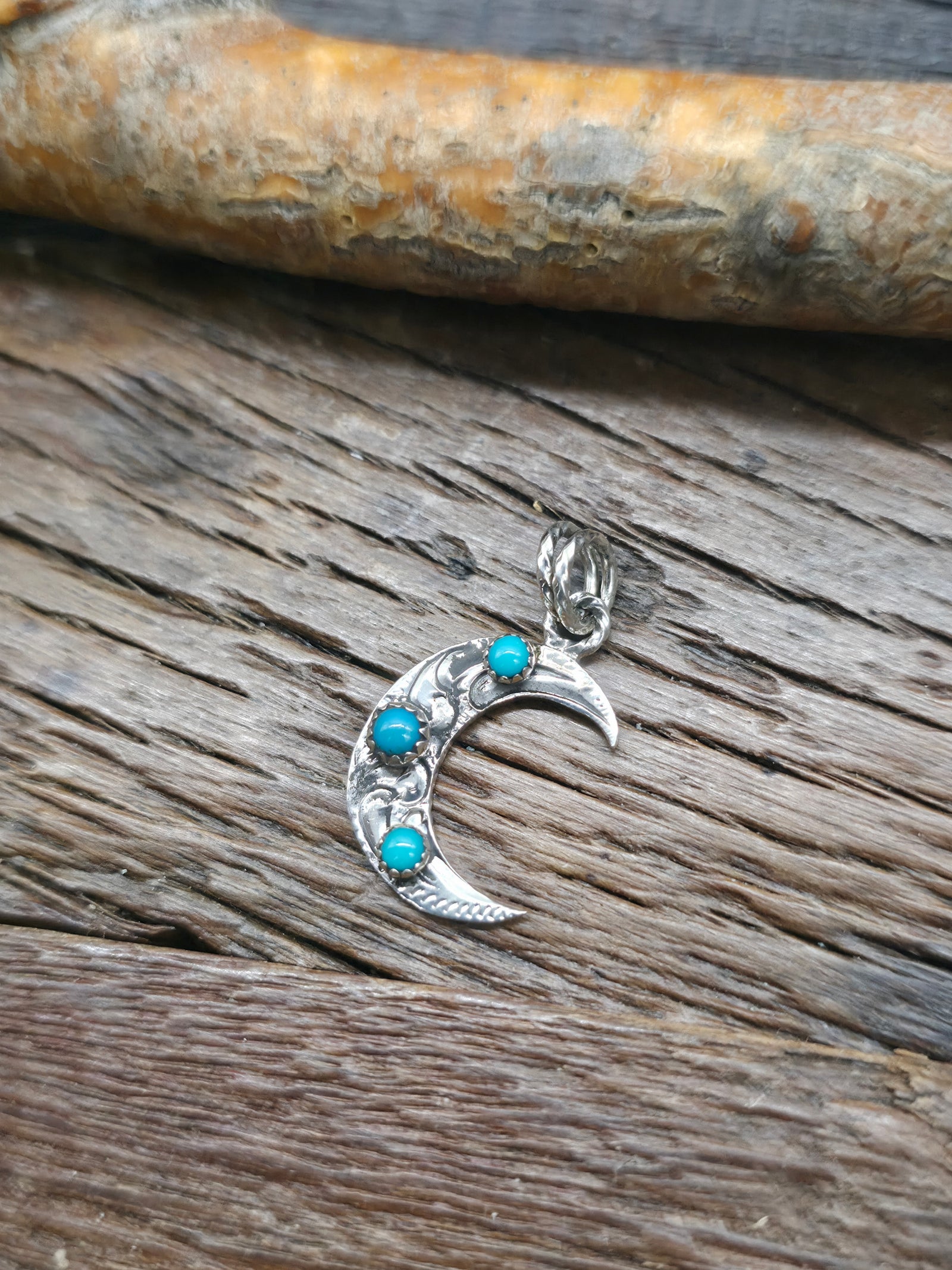 Stamped Sterling Silver Turquoise Crescent Moon Pendant - 1 1/4 in. by 3/4 in.