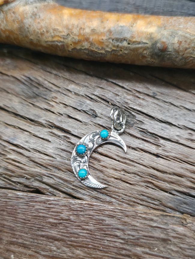 Stamped Sterling Silver Turquoise Crescent Moon Pendant - 1 1/4 in. by 3/4 in.