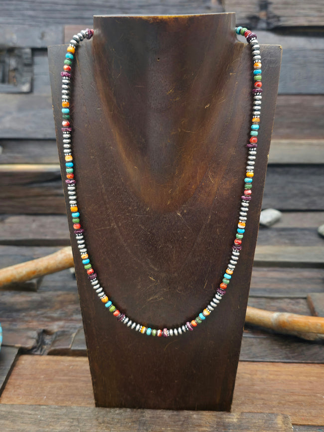 Sterling Silver and Multi Stone Bead Necklace - 20 in. w/2 in. Extender